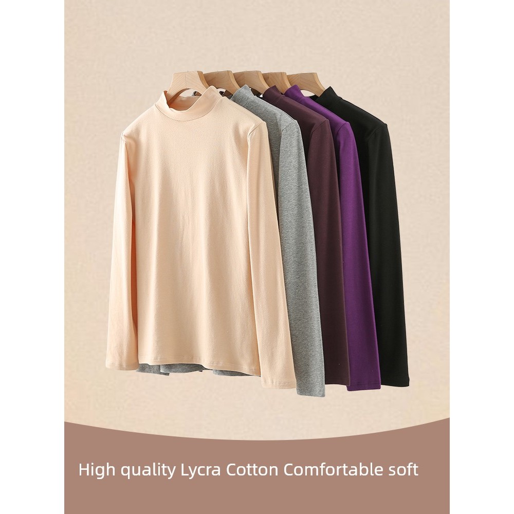 heattech heattech ผู้หญิง เสื้อผ้าฤดูใบไม้ร่วงผู้หญิงคอปกกลางแขนยาวผ้าฝ้ายบาง