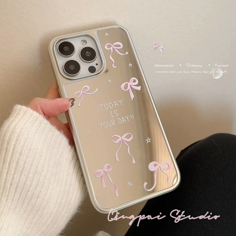 โบว์สีชมพูแต่งหน้ากระจกเคสโทรศัพท์ Drop-Resistant สําหรับ iPhone 16 Promax 15 Promax 11 12 13 14plus 15plus 16e 16plus 15pro