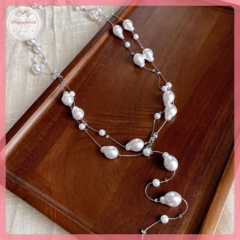 STHB สร้อยคอมุกยาวไม่สม่ําเสมอสําหรับผู้หญิงหรูหราโซ่ย้อนยุคแฟชั่นอุปกรณ์เสริมหรูหราเรียบง่าย VN