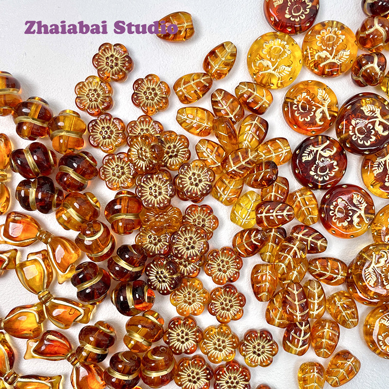 Zhaibai Handmade Shop [Amber] Retro อะคริลิค Gold-Painted Rose Bow DIY สร้อยข้อมือลูกปัดอุปกรณ์เสริม