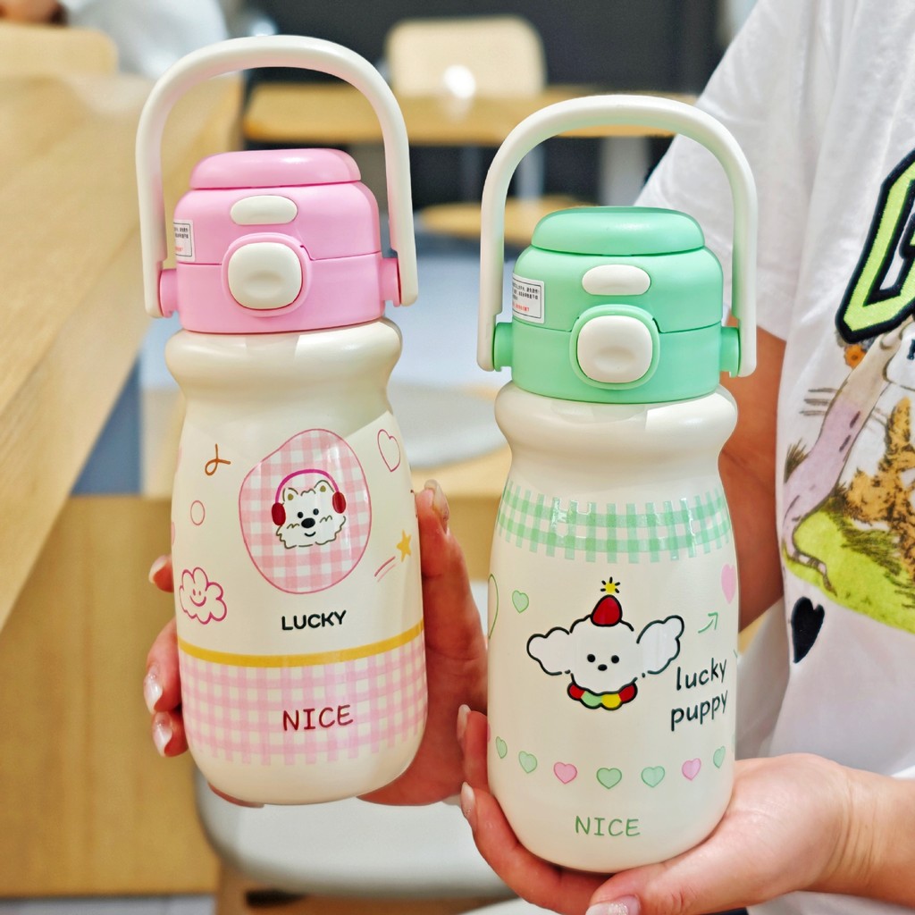 600ml น่ารัก Tumbler สแตนเลส 316 กระติกน้ําสูญญากาศพร้อมฟางแบบพกพาเครื่องดื่มคู่ขวดความร้อนเด็ก