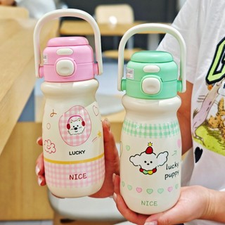 600ml น่ารัก Tumbler สแตนเลส 316 กระติกน้ําสูญญากาศพร้อมฟางแบบพกพาเครื่องดื่มคู่ขวดความร้อนเด็ก
