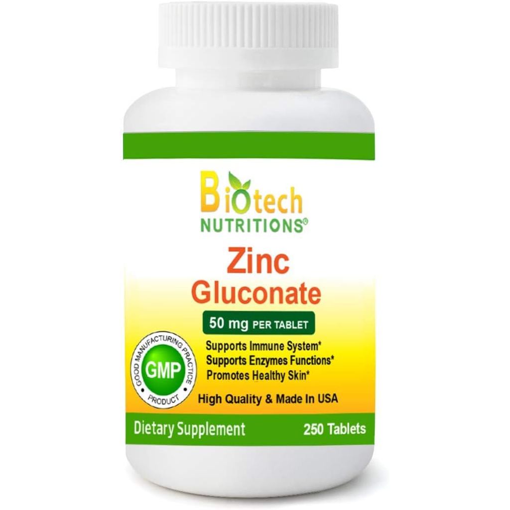 Biotech Nutritions Zinc Gluconate 50 มก. 250 เม็ด Made in USA มังสวิรัติ/วีแกน ซิงค์กลูโคเนต