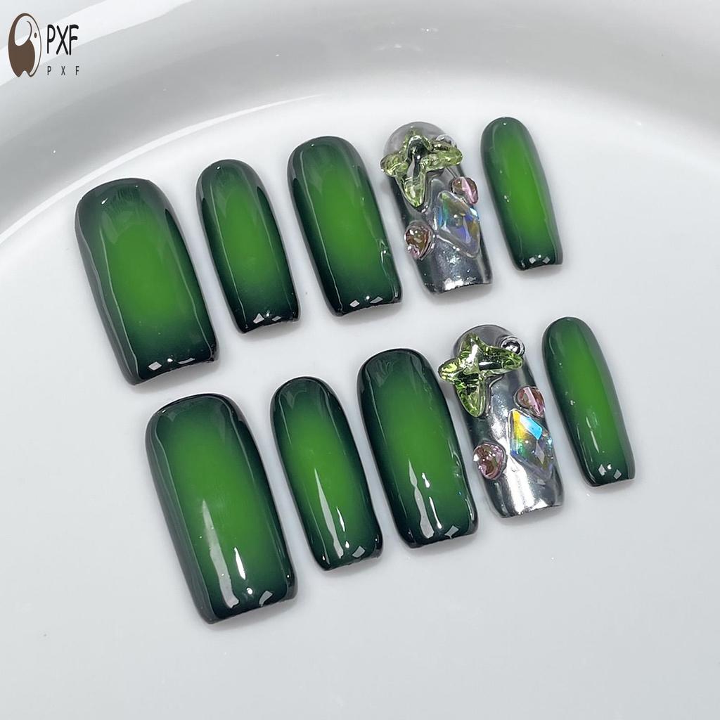 French Square Press On Nails Handmade Rhinestone French Press On Nails for Women and Girl Nail Salon