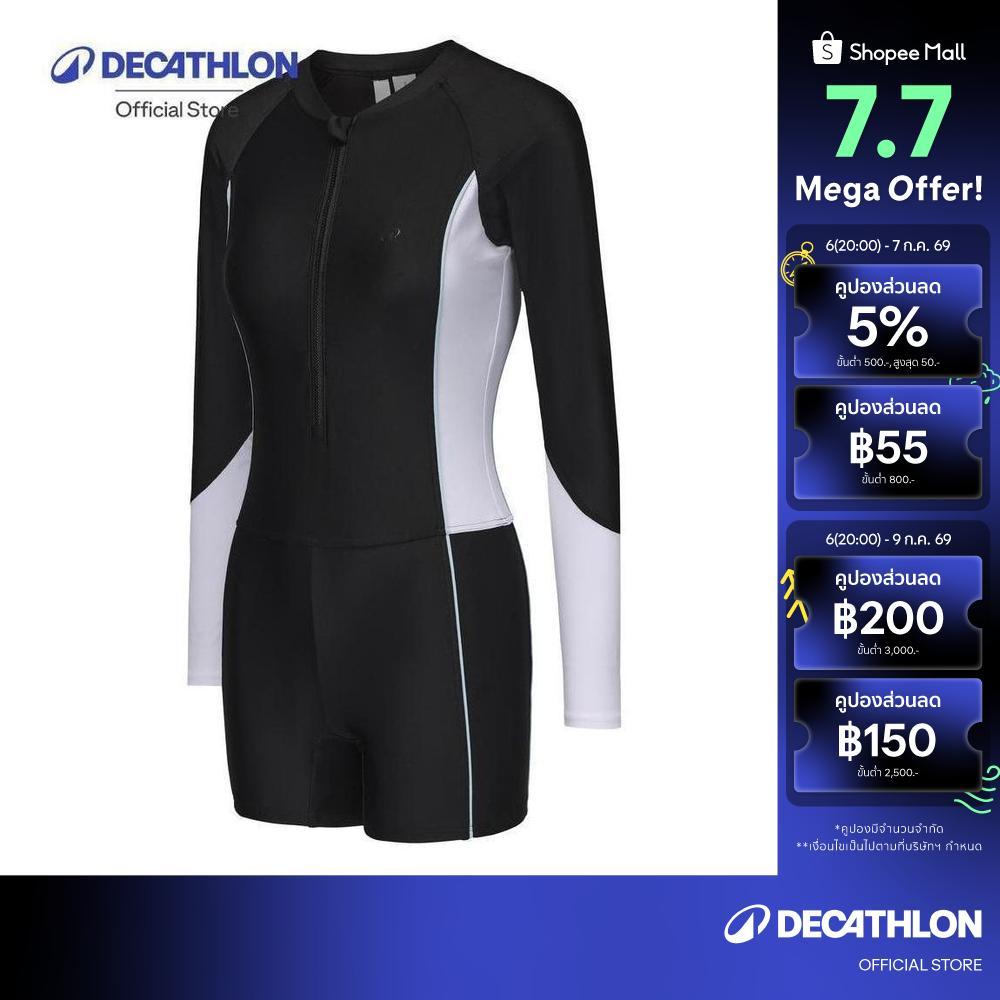 Decathlon One-Piece Long-Sleeve Shorty Swimsuit With Zip Una ชุดว่ายน้ำวันพีซแขนยาวขาสั้นมีซิป รุ่น Una - Black/White