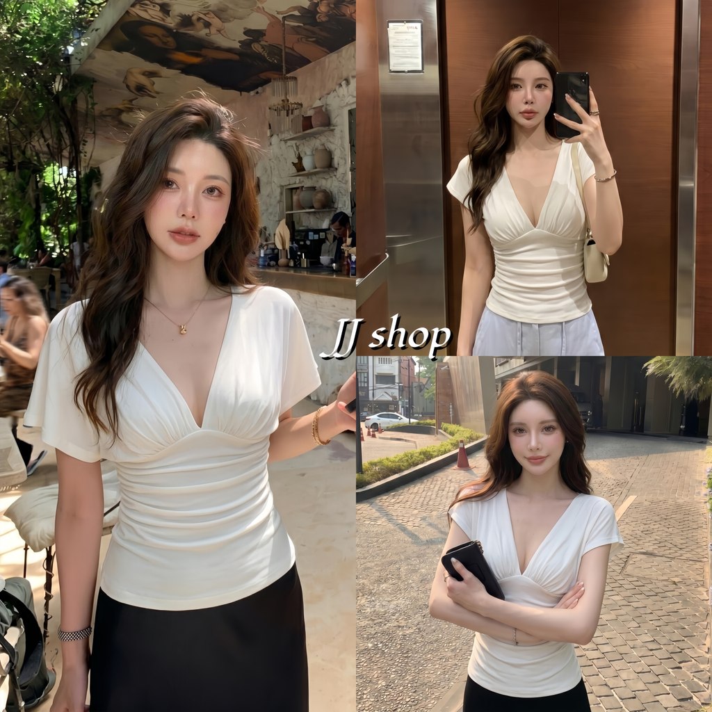 JJ Shop​ พร้อมส่ง เสื้อแขนกุดคอวีผู้หญิง สีทึบ ผ้านุ่ม เซ็กซี่เผ็ดสไตล์ สไตล์เกาหลี สีขาว-2371