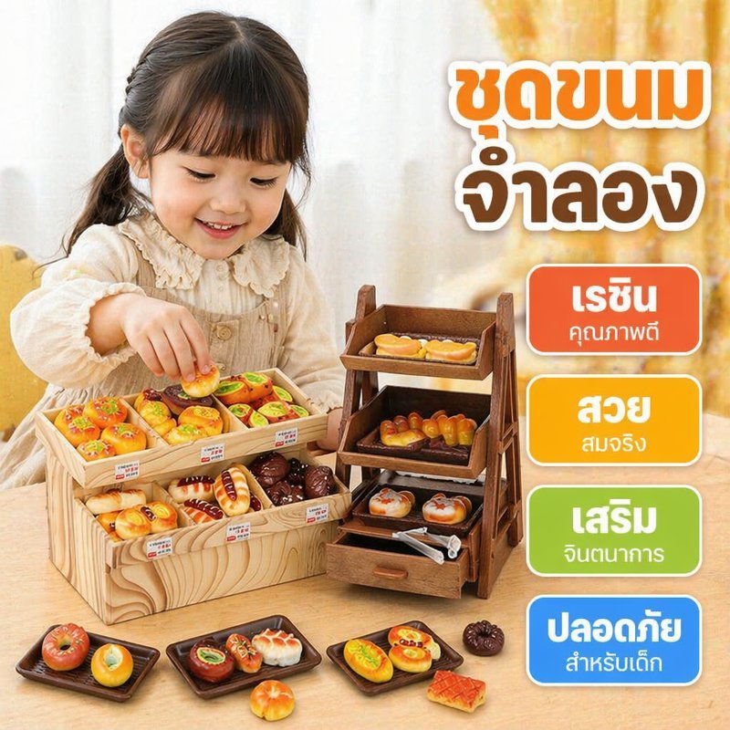 ชุดของเล่นร้านเบเกอรี่ ตู้โชว์ขนม โมเดลขนมปังเรซิน 30 ชิ้น ของเล่นบทบาทสมมติ เด็ก