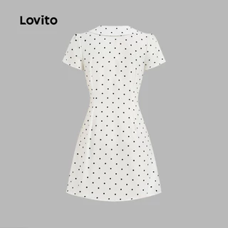 (New Arrival) Lovito เดรสลําลองผู้หญิงสีขาวงาช้าง ลายโบว์ สําหรับฤดูใบไม้ผลิ/ฤดูร้อน สีดำ เกาหลี อินเทรนด์ L200AD262