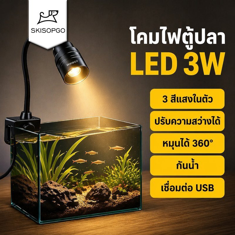 SKISOPGO โคมไฟตู้ปลา LED USB 3W กันน้ำ หมุน 360 ปรับมุมลำแสง 3 โหมด ไฟขาว ไฟเหลือง เลี้ยงไม้น้ำ