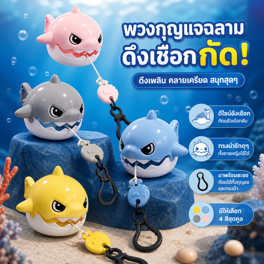 MAI จี้ปลาฉลาม ดึงเชือกฟันปลาฉลาม พวงกุญแจฉลามการ์ตูนน่ารัก พวงกุญแจของขวัญเล็กๆ
