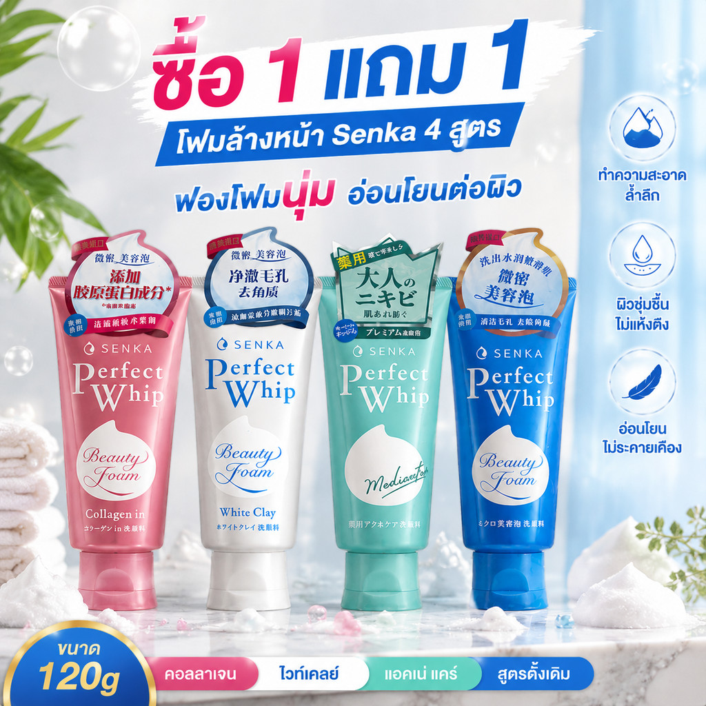 🔥ซื้อ 1 แถม 1🔥 SENKA Perfect Whip โฟมล้างหน้า ฟองครีมเข้มข้น ล้างเครื่องสำอางหมดจด ผิวนุ่ม 120g