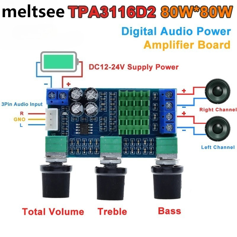 TPA3116D2 2x80W แผ่นบอร์ดโมดูลขยายเสียงสเตอริโอ ดิจิตอล ช่องสัญญาณคู่ Dc 12v ~ 24 V Tpa 3116 D 2 2 2x80W XH-M567