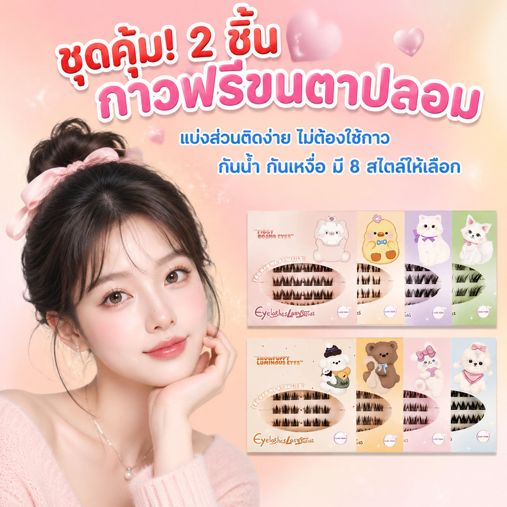 ชุดคุ้ม! 2 ชิ้น แบบเยอะ ขนตาปลอมมีกาวในตัว ไม่ต้องใช้กาวน้ำ ซีรีย์ Heart Lock ขนตาปลอมแบบช่อ เกาหลี