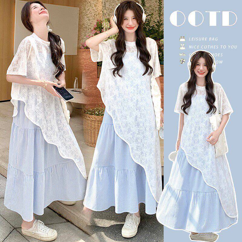 Chili Koko ชุดเซ็ตเดรสผู้หญิง เสื้อแขนสั้นลูกไม้โปร่ง + เดรสสายเดี่ยวลายสก็อต ดีไซน์ไม่สมมาตร สไตล์ญี่ปุ่น ลุคใสๆ 99511