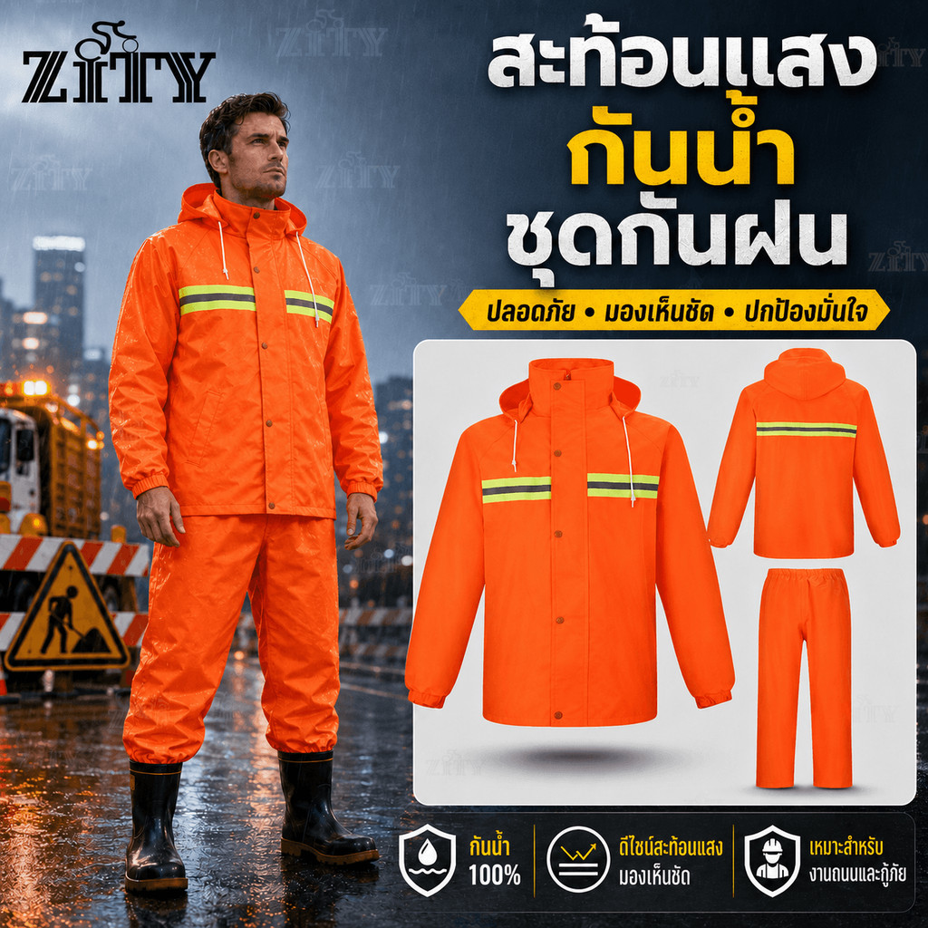 ZITY ชุดกันฝนกันน้ำ สะท้อนแสง สีส้ม สำหรับงานก่อสร้าง ขนส่ง ขี่มอเตอร์ไซค์ กันฝนตกหนัก
