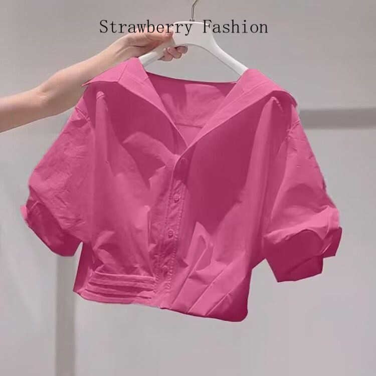 เสื้อเชิ้ตแขนพองคอปกสีชมพูราสเบอร์รี่สุดเก๋สำหรับผู้หญิง เป็นไอเท็มฮิตประจำฤดูร้อน ins เสื้อเชิ้ตทรงหลวมสไตล์โดปามีน