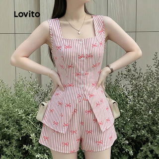 (New Arrival) Lovito เสื้อหรือกางเกงสไตล์โบฮีเมียนลายโบว์ สําหรับฤดูใบไม้ผลิ/ฤดูร้อนของผู้หญิง LK7ED871