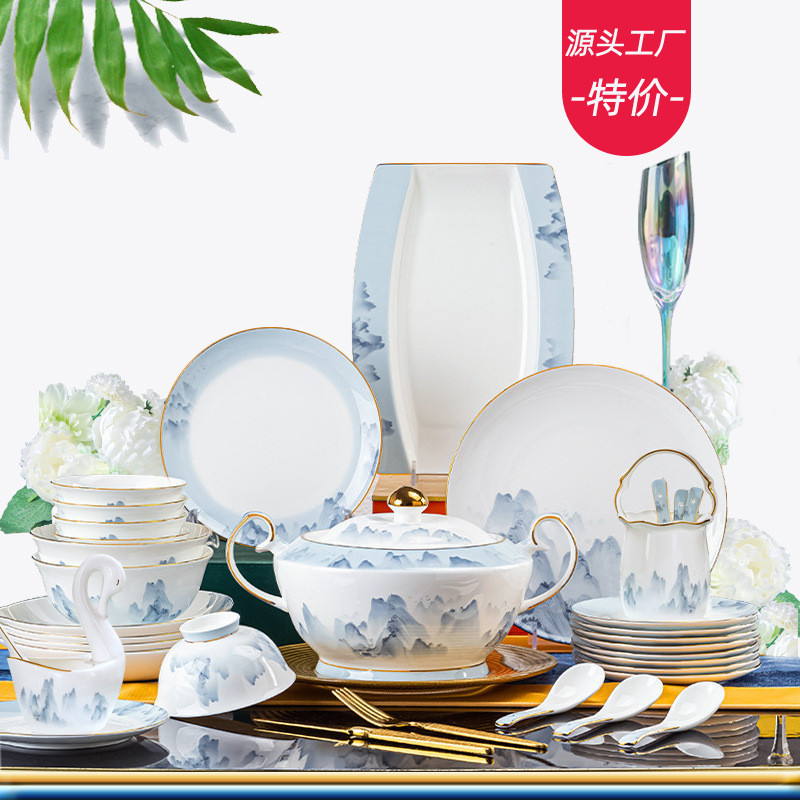 เคลือบสีบนโต๊ะอาหาร Bone China 60 หัวพัน Miles Jiangshan Jingdezhen เซรามิคบนโต๊ะอาหาร High-End พนมเ