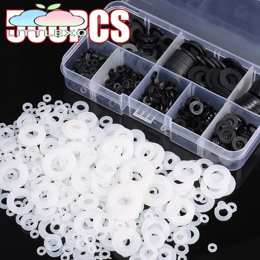 LITTLEX 500 ชิ้น Plane Spacer, แบน 8 ขนาดเครื่องซักผ้าไนลอน, M2-M10 ซีล O แหวน Assortment Kit สีดําสีขาวฉนวนกันความร้อนปะเก็นแหวน