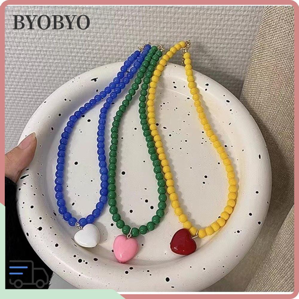 BYOBYO โซ่กระดูกไหปลาร้า,สร้อยคอลูกปัดเสน่ห์ฮาราจูกุสีสันสดใส,จี้หัวใจรักวินเทจเรซิ่นอะคริลิ Y2K สไตล์โซ่คอ