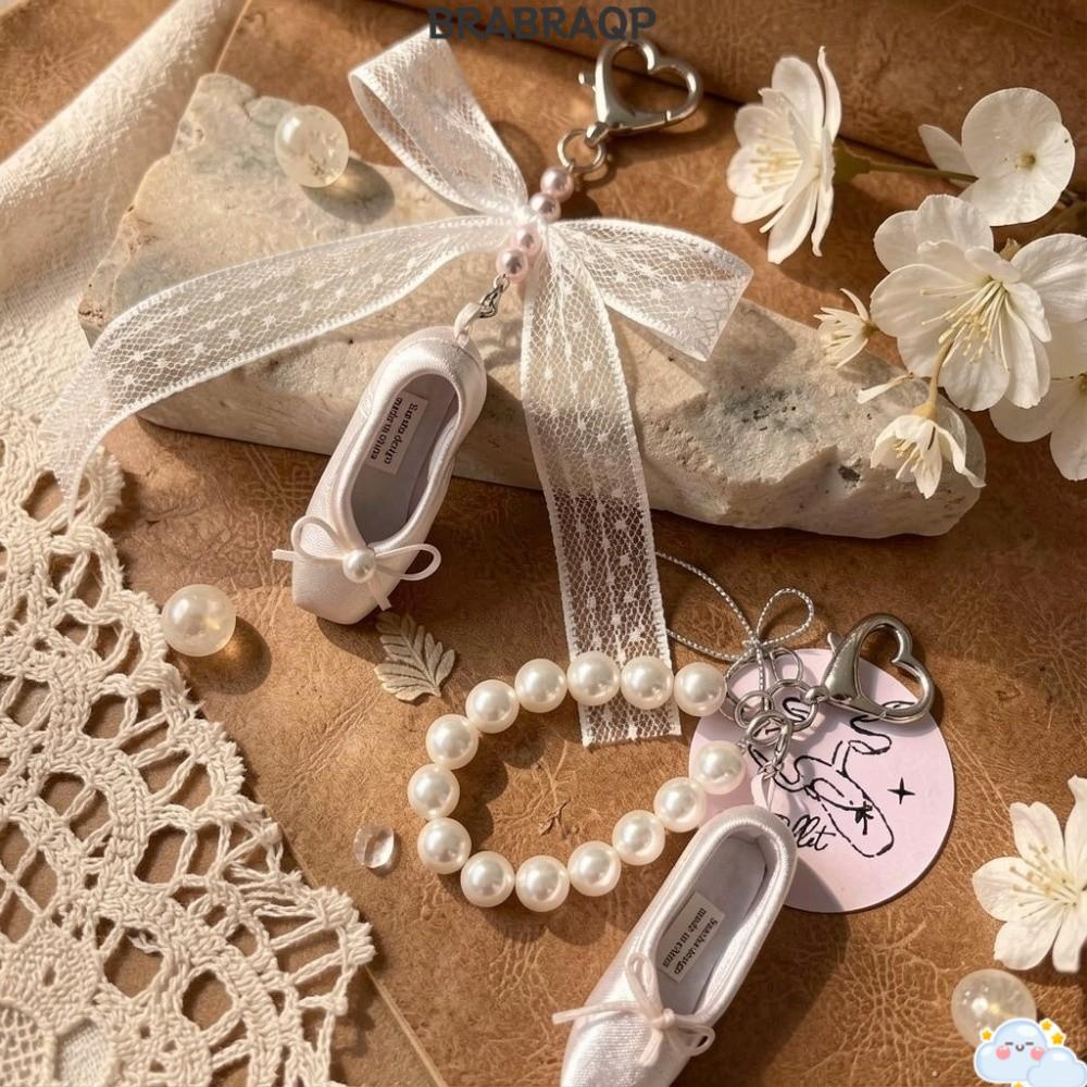 BRABRAA Ballet Shoes Pendant, Ins Korean Ballet Shoes Key Chain, Sweet Pink Ribbon Ballet Shoes Keyr