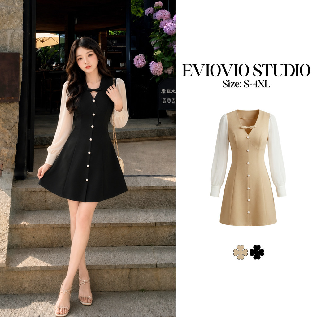 S-4XL【EVIOVIO】 เดรสเกาหลี แขนซีทรู คอวี แต่งโบว์ ทรง A-Line เดรสทำงาน ออกงาน ลุคเรียบหรู เดรสผู้หญิง ใส่คาเฟ่ พร้อมส่ง