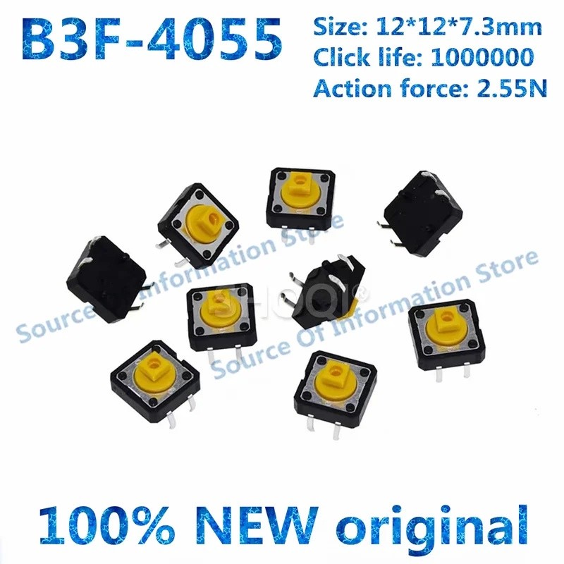 100 ชิ้น B3F-4055 สวิตช์สัมผัส, 12x12 มม., 7.3 มม., สวิตช์สัมผัส Momentary, สําหรับเครื่องมือเครื่อง