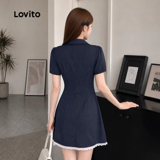Lovito สง่างาม ชุดเดรสผู้หญิงแบบกระดุมลูกไม้ สีกรมท่าสำหรับฤดูใบไม้ผลิ/ฤดูร้อน เกาหลี อินเทรนด์ L151AD311