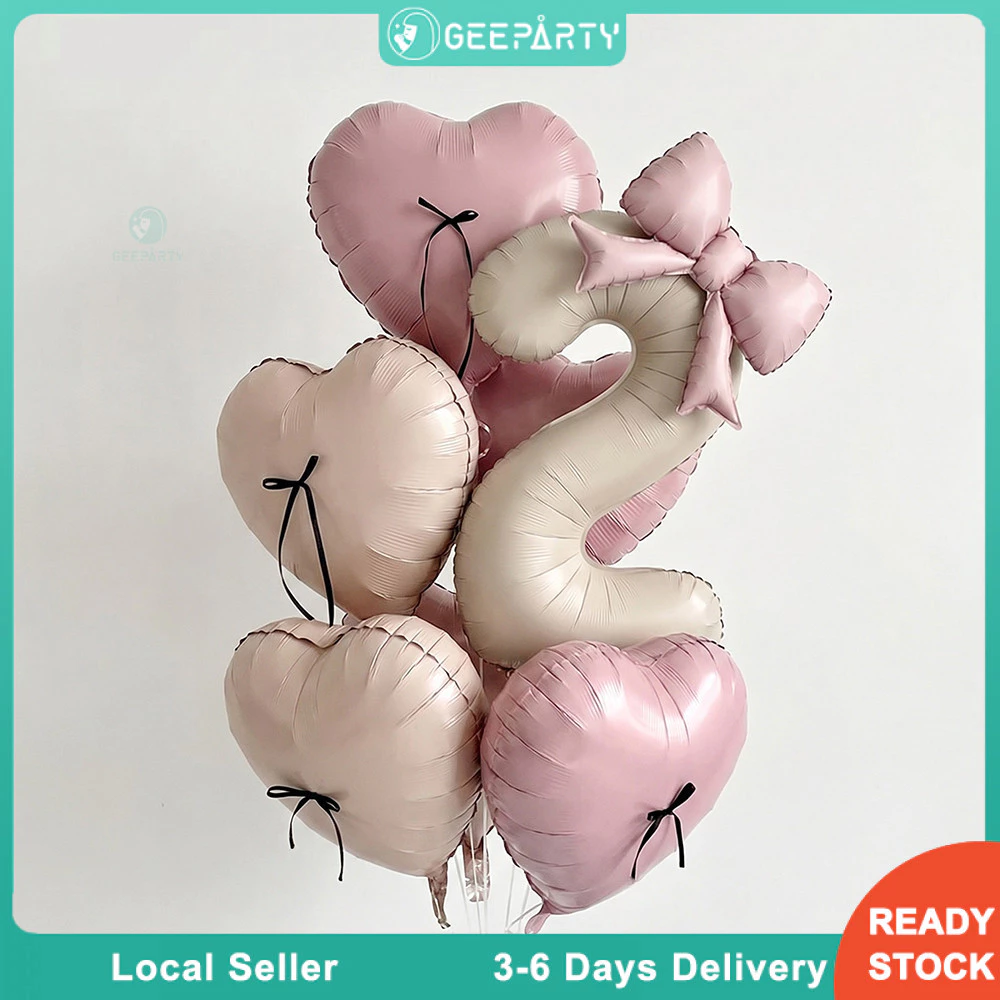 GeeParty ลูกโป่งฟอยล์ตัวเลข สีครีม พร้อมโบว์ ลูกโป่งหัวใจเรโทร 16 ชิ้น ตกแต่งวันเกิด ชุดปาร์ตี้วันเกิด ถ่ายรูปสวย