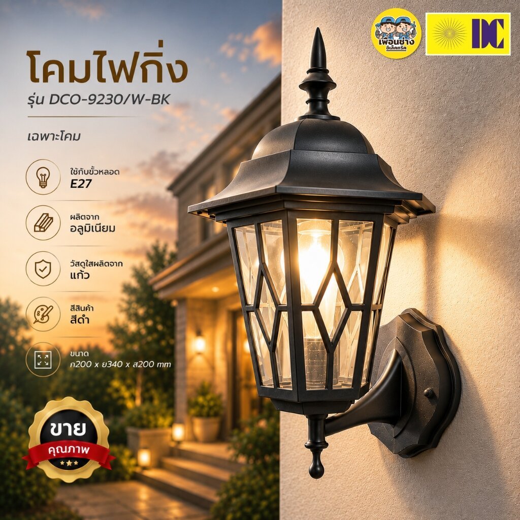 ยี่ห้อ DC รุ่น DCO-9230/W-BK โคมไฟกิ่งภายนอก ใช้กับหลอดขั้ว E27 โคมไฟติดผนัง โคมไฟผนัง ไฟภายนอก