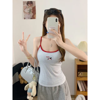Vogue🌟พร้อมส่ง🌟 เสื้อยืดสายเดี่ยวลายการ์ตูนผสมผ้าสก็อต รุ่นใหม่ฤดูร้อนมีฟองน้ำในตัว สวยน่ารัก (FY3023)
