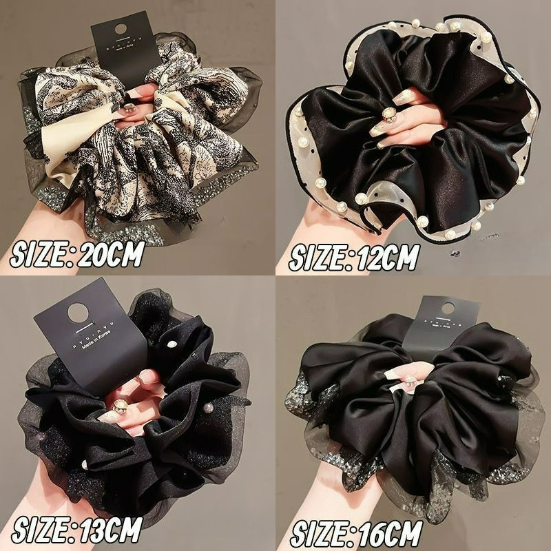 เกาหลีสไตล์หรูหราคลาสสิกสีดําขนาดใหญ่ซาติน Scrunchie ผม Tie หางม้าอุปกรณ์เสริมผม