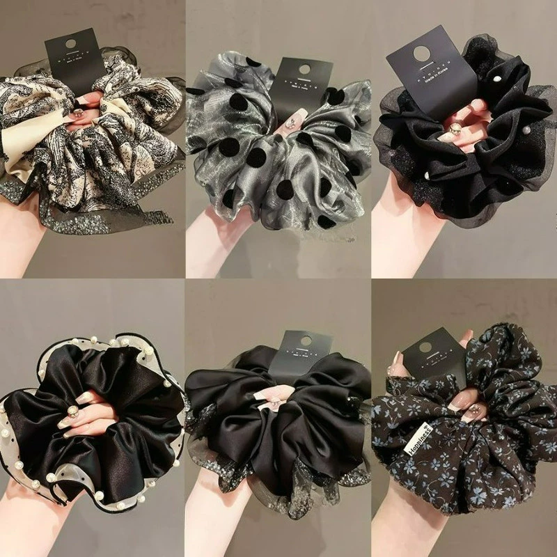 Vintage Black Series ขนาดใหญ่ซาติน Scrunchie ผม Tie หางม้าอุปกรณ์เสริมผม