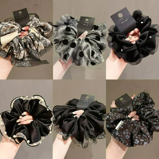 Vintage Black Series ขนาดใหญ่ซาติน Scrunchie ผม Tie หางม้าอุปกรณ์เสริมผม