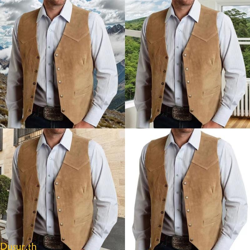Men's Suedes Vest Cowboy Style Western Waistcoat Casual Slim Fit Suit Vest