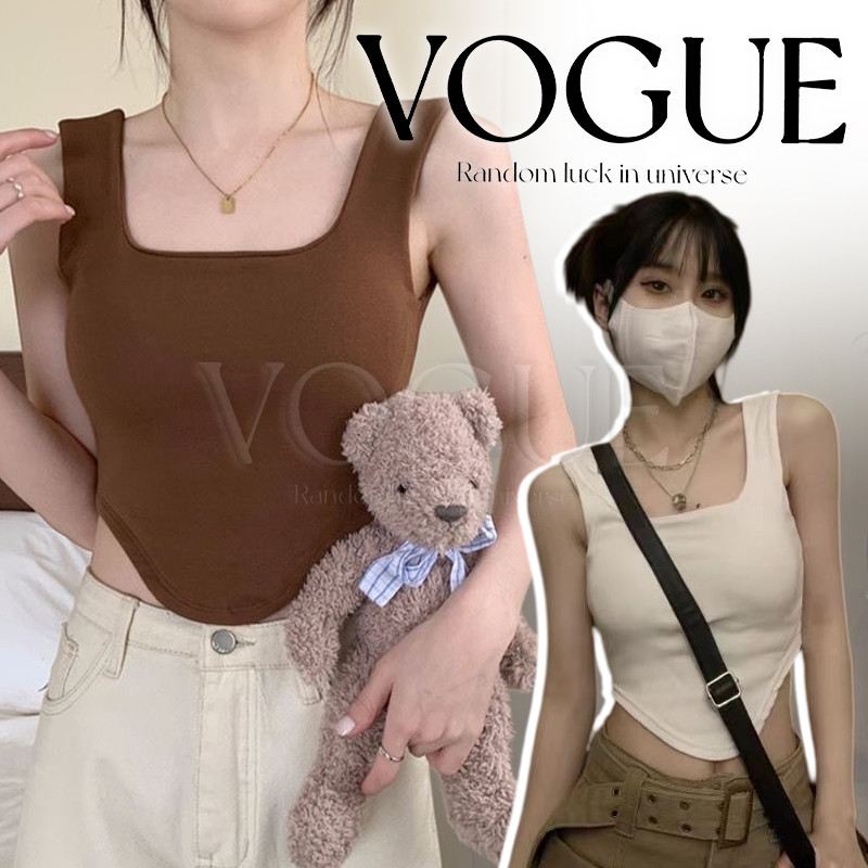 Vogue🌟พร้อมส่ง🌟 เสื้อกล้ามทรงครอปแฟชั่นมีฟองน้ำในตัว ผ้านิ่มยืดหยุ่นได้เรียบๆ เข้ารูปพอดีตัว (FY933#1)