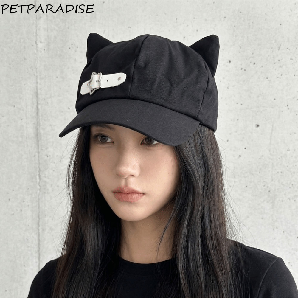PETPARADISE Cat Ears Beret, Gothic Harajuku Newsboy Cap, Casual Star Black Love Heart Buckle Peaked 
