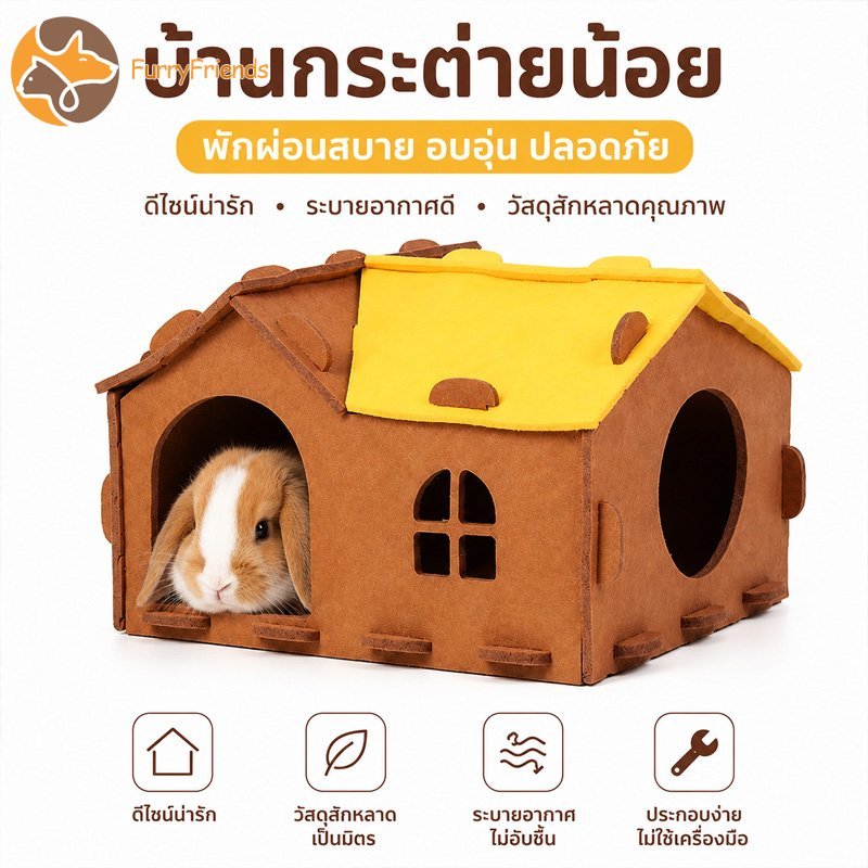 บ้านหลบซ่อนกระต่าย ผ้าสักหลาด, บ้านกระต่าย, ที่ซ่อนกระต่าย, 2 ชั้นกว้าง, มีทางลาดขึ้นลง, ถอดประกอบได้พกพาได้