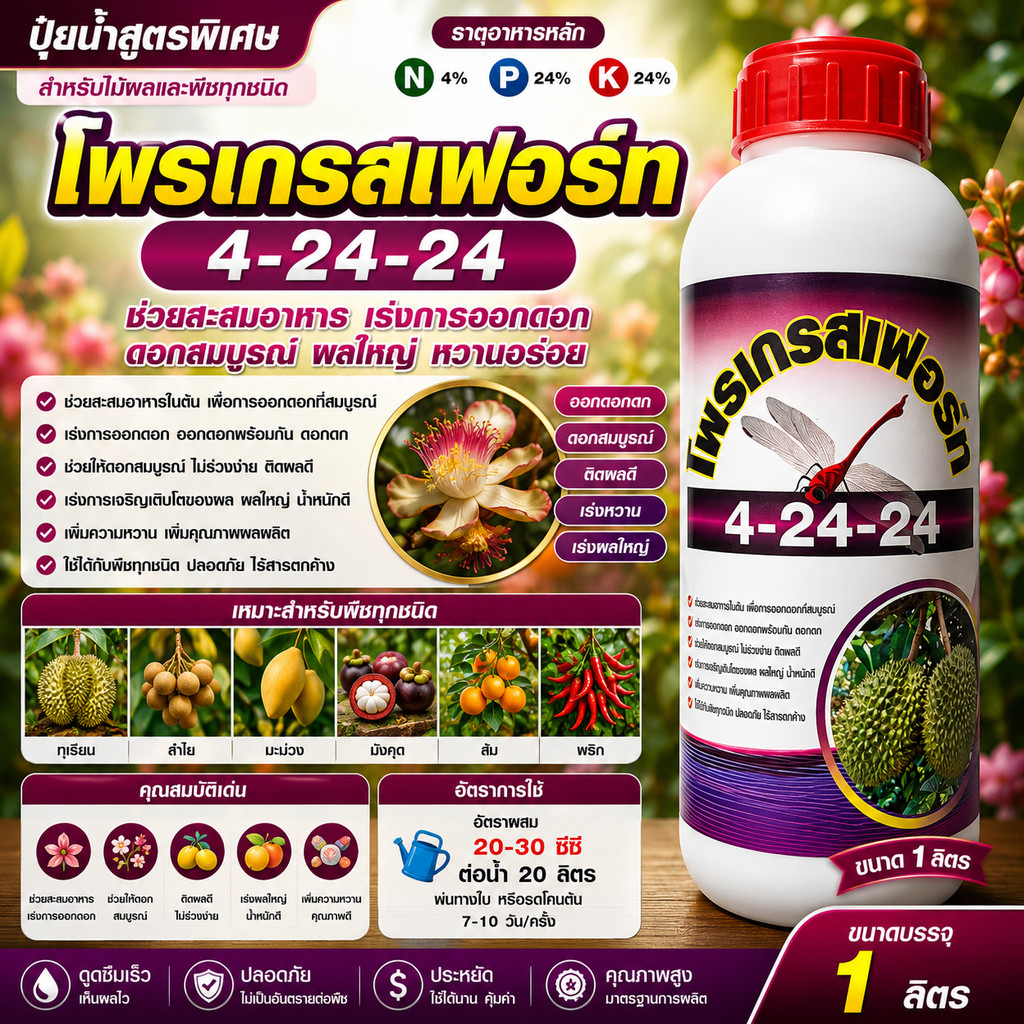 ปุ๋ยน้ำ สูตร 4-24-24  ขนาด 1 ลิตร ช่วยสะสมอาหารเร่งการออกดอกตามฤดูกาลช่วยให้ดอกสมบูรณ์ เร่งผล เร่งหว