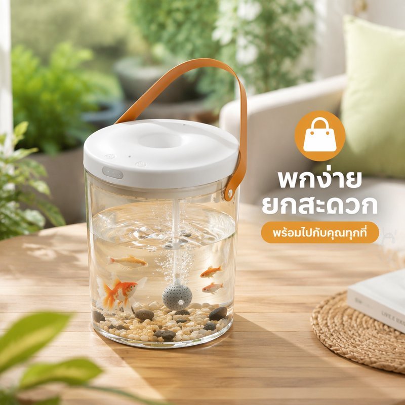 ตู้ปลาแบบพกพา ถังปลาใส พลาสติก PC สำหรับเด็ก พร้อมปั๊มออกซิเจน ไฟบรรยากาศ กันรั่ว
