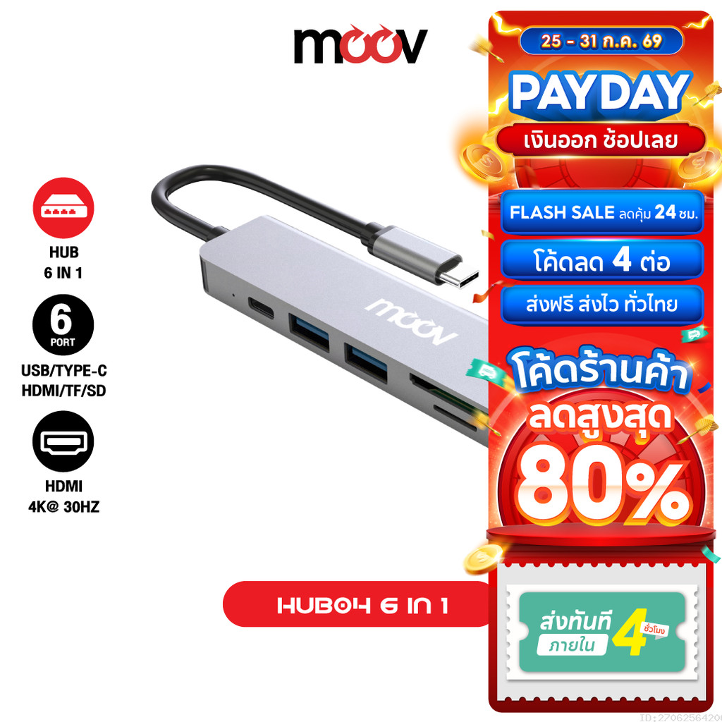 Moov HUB04 USB Hub Type C ฮับ 6 in 1 OTG PC Laptop (USB/Type C/HDMI 4K/TF/SD) Card Reader