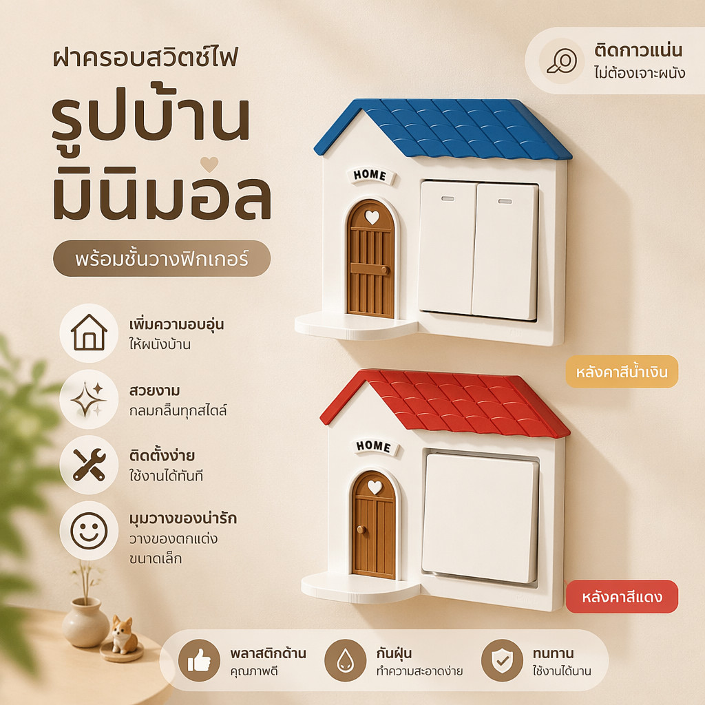 ฝาครอบสวิตช์ไฟ ตกแต่งผนัง รูปบ้าน มินิมอล พลาสติกด้าน ติดกาว ไม่เจาะผนัง พร้อมชั้นวางฟิกเกอร์