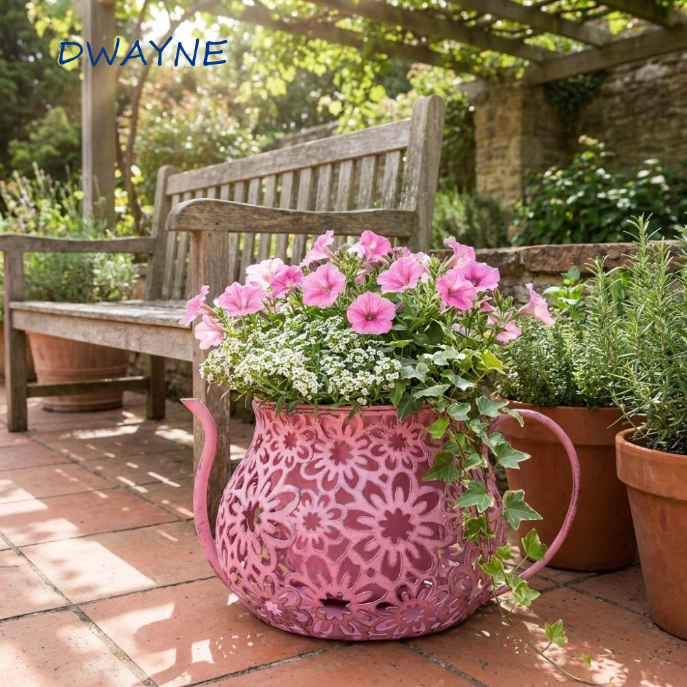 DWAYNE กระถางดอกไม้, Retro Wrought Iron Hollow กาน้ําชากระถางดอกไม้, Creative Double Layer ดอกไม้ Cutout Iron Teacup Planter Garden