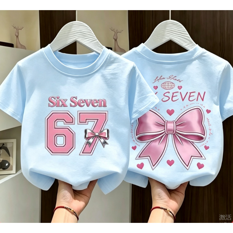 COD(24hD) เสื้อยืดเด็กหกเจ็ดโบว์สาวTee Size100-170หลวมน่ารักธรรมดาQuick Dry Coolพิมพ์ผ้าไหมน้ําแข็งผ้าฝ้าย