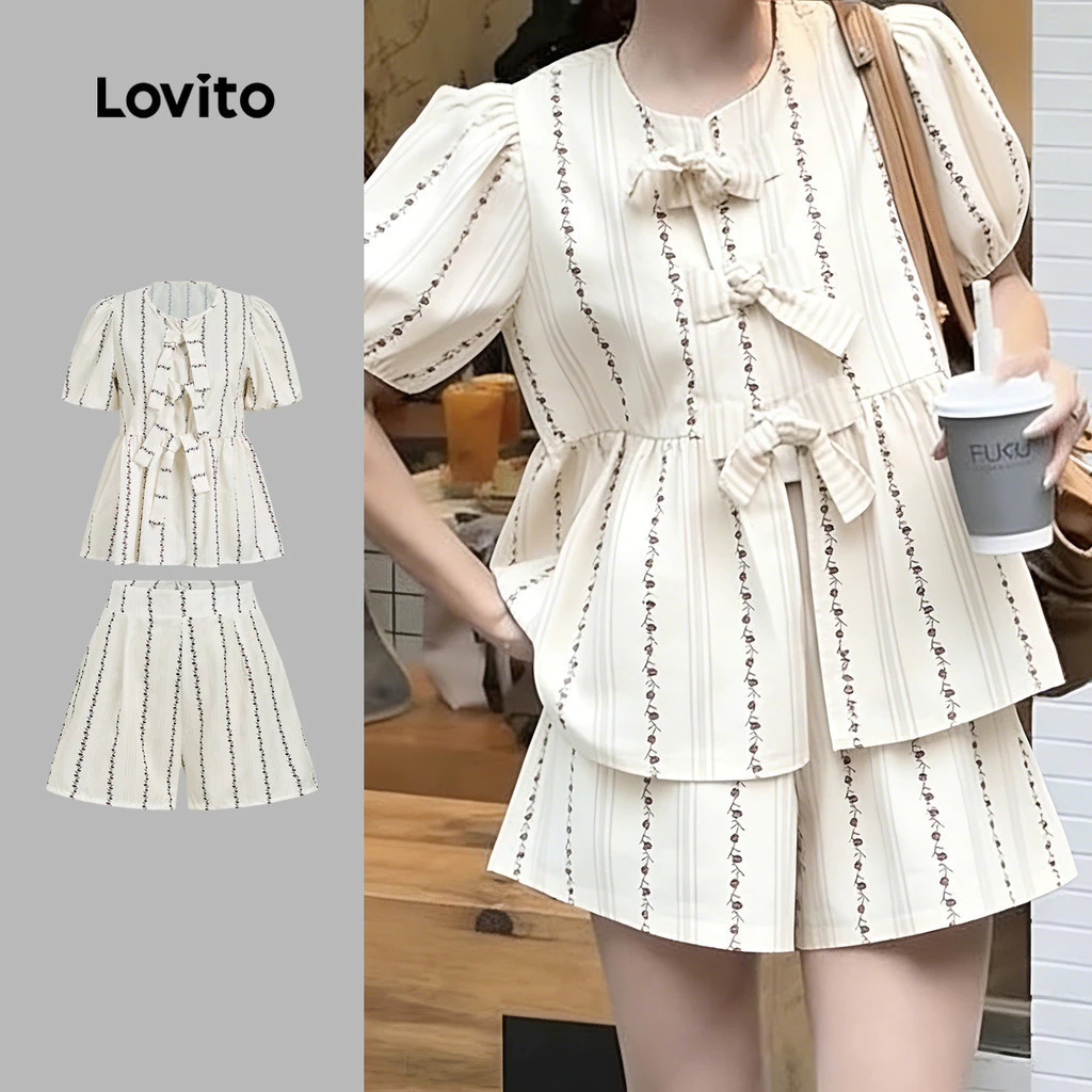 Lovito เสื้อเบลาส์ลําลองผู้หญิง ผูกด้านหน้า ชายระบาย ลายพิมพ์ สําหรับฤดูใบไม้ผลิ/ฤดูร้อน L190ED141