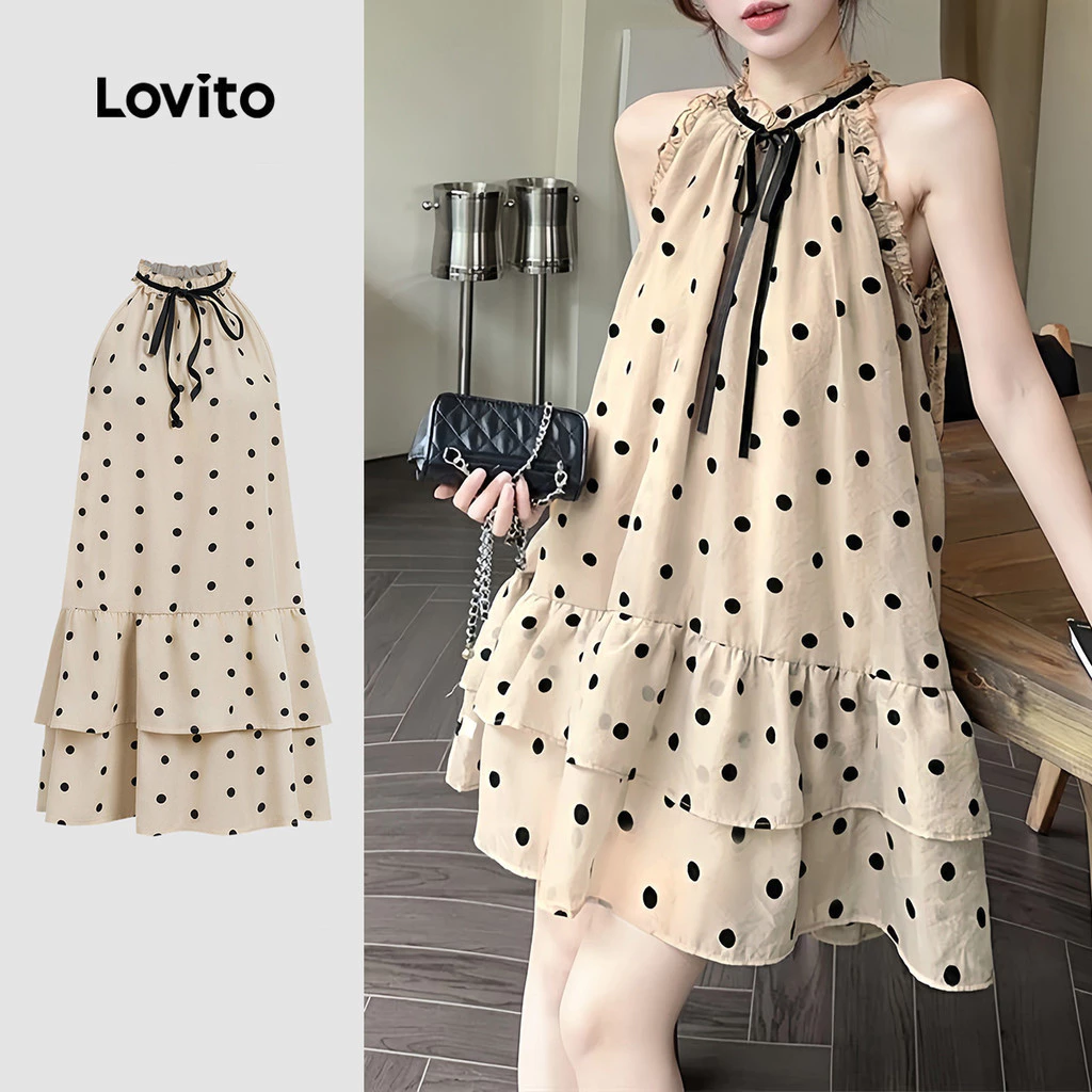 Lovito เดรสแคชชวลลายจุด ผูกด้านหน้า ชายกระโปรงระบาย สำหรับผู้หญิง เหมาะสำหรับฤดูใบไม้ผลิ/ฤดูร้อน L178ED398