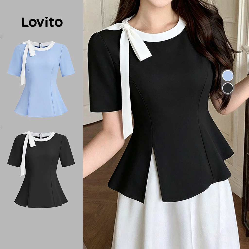 Lovito เสื้อเบลาส์ลูกไม้หรูหราผูกสีบล็อกฤดูใบไม้ผลิ/ฤดูร้อน สีดําขาวสําหรับผู้หญิง LK4LD2719