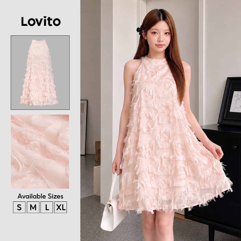 Lovito ชุดเดรสผู้หญิง แบบเรียบ แต่งระบาย สีพื้น สไตล์ลำลอง L106AD483