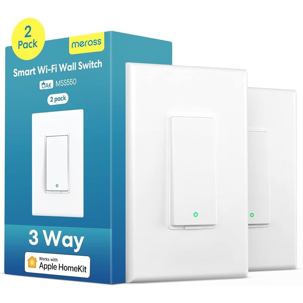 Meross 3-Way Smart Switch 2 Pack, ไม่ต้องใช้สายไฟกลาง, เข้ากันได้กับ Apple HomeKit, Alexa, Hey Googl