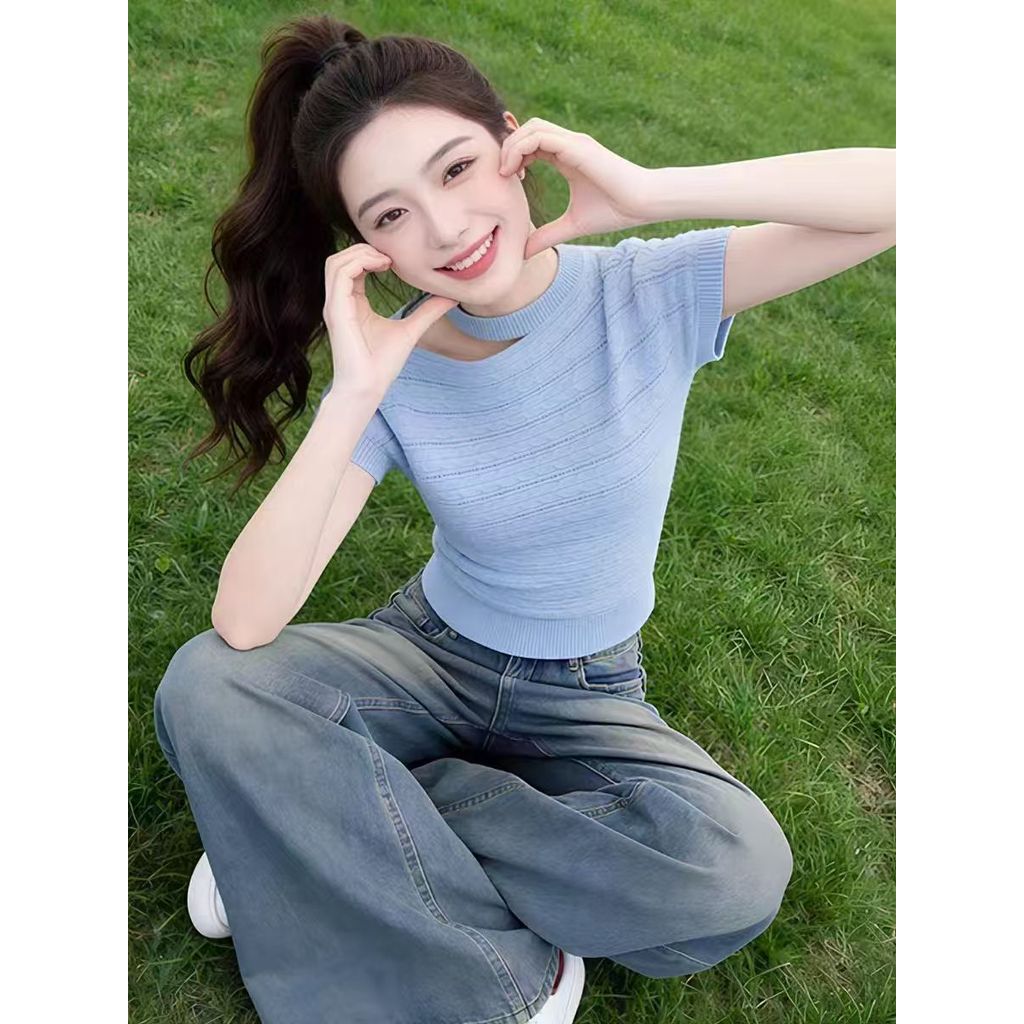 Blue Round Neck Cutout Short Sleeve Sweater 2026 Hollow Short Sleeve Sweater Blue Round Neck Cutout 
